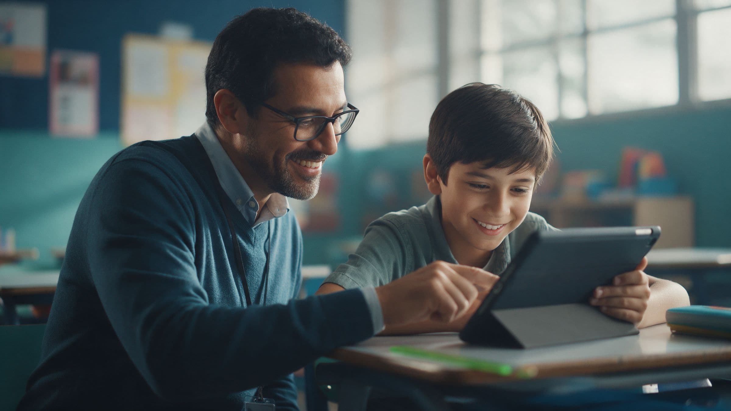 Un profesor revisa con un estudiante su progreso en una tablet