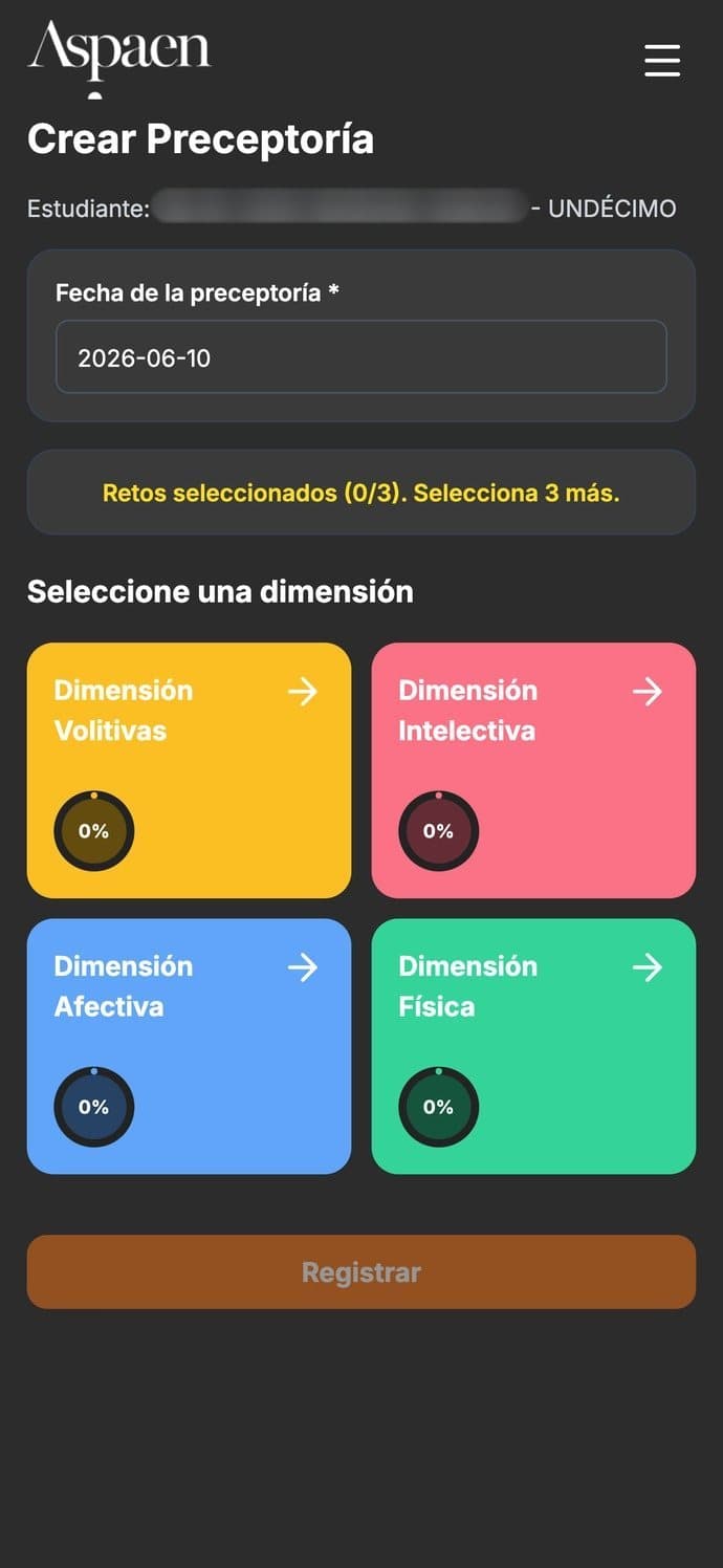Aspaen Preceptorías: crear una preceptoría eligiendo la dimensión